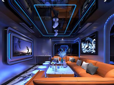 Modern KTV Interior With Orange Sofas Coffee Table Blue Lighting And Decorative Wall Paintings 3d model