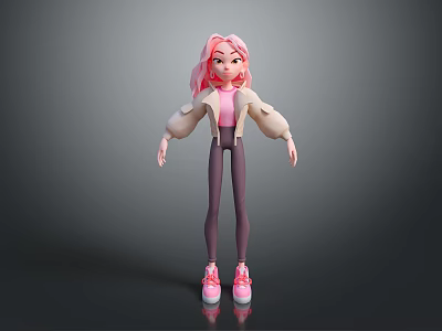 Woman With Pink Hair Dressed In Beige Jacket Pink Top Dark Leggings And Pink Sneakers 3d model