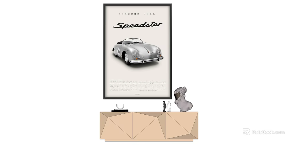 Vintage Speedster Car Poster On Geometric Decorative Table With Dog Sculpture 3d model 