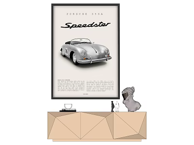 Vintage Speedster Car Poster On Geometric Decorative Table With Dog Sculpture 3d model