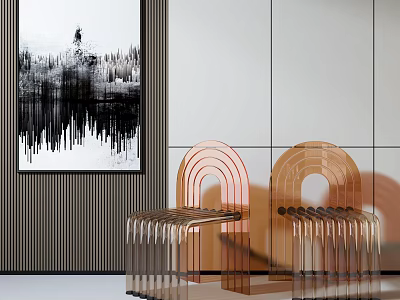 Modern Transparent Acrylic Leisure Chairs With Arched Backrest And Abstract Painting In Stylish Interior 3d model