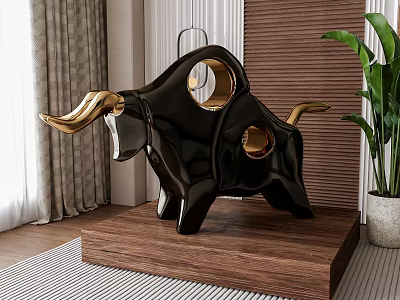 Black And Gold Bull Sculpture With Circular Hollow Design On Wooden Base And Potted Plant 3d model