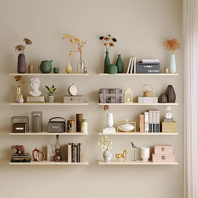 Stylish Home Living Supplies On Wall Shelves With Vases Books Small Plants And Decor Items 3d model