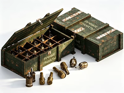 Practice Training Weapons Stored in Green Wooden Crates With Scattered Metal Grenades 3d model