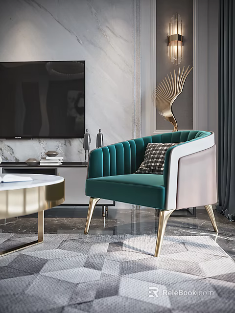 Modern Living Dining Room With Green Velvet Sofa Gold Legs And Marble Wall 3d model 