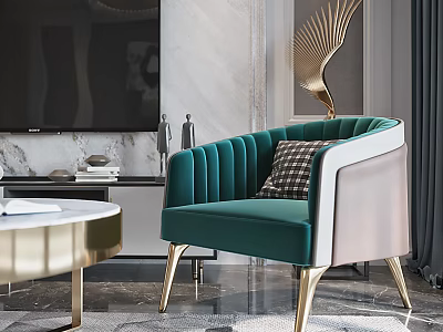 Modern Living Dining Room With Green Velvet Sofa Gold Legs And Marble Wall 3d model