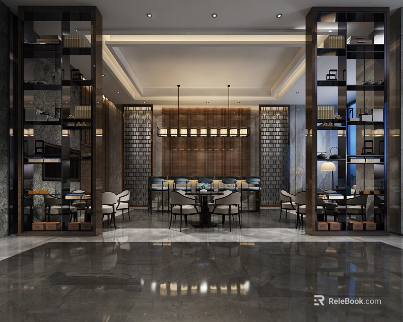 Elegant Modern Lounge Area Interior With Marble Flooring Chandeliers And Comfortable Seating 3d model 