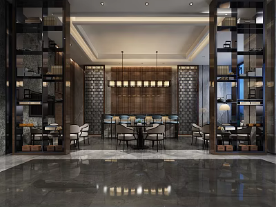 Elegant Modern Lounge Area Interior With Marble Flooring Chandeliers And Comfortable Seating 3d model