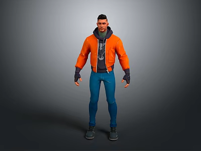 3D Game and Movie Character Wearing Orange Jacket Blue Pants Black Gloves and Shoes 3d model