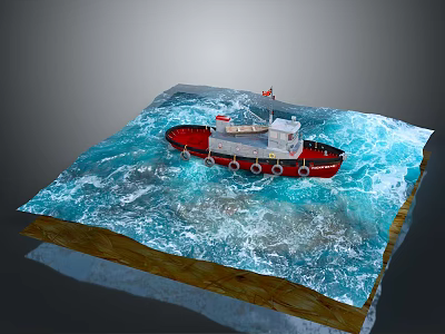 Red Boat Model With Flag Sailing On Wavy Blue Water 3d model