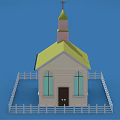 Cartoon Church Scene with Green Roof Pink Steeple Cross White Picket Fence on Blue Background