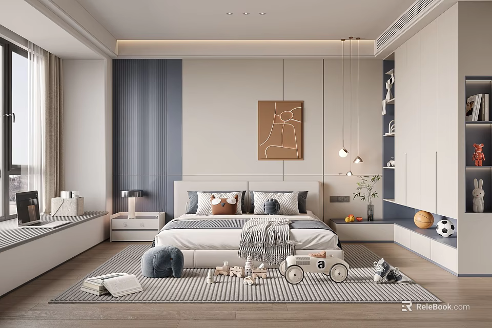 Modern Kids Room Interior With Cozy Bed Playful Toys And Stylish Storage Cabinets 3d model 
