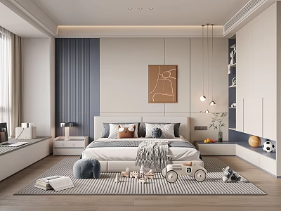 Modern Kids Room Interior With Cozy Bed Playful Toys And Stylish Storage Cabinets 3d model