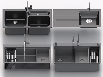 Modern Black Kitchen Sink Designs With Double Bowl Faucet And Drainer In Various Views 3d model