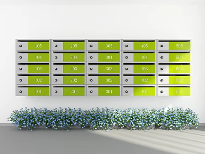 Public Facility Mailboxes With Green White Panels Numbered Compartments And Front Plants 3d model