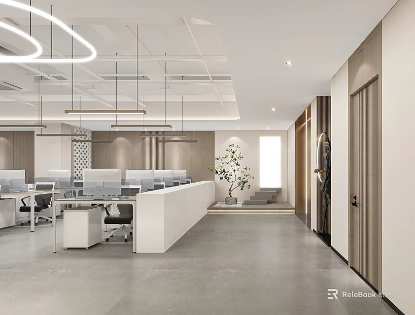 Modern Public Office Area With Workstations Pendant Lights Indoor Plants And Wooden Panels 3d model 