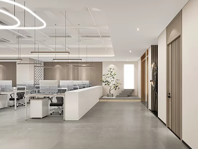Modern Public Office Area With Workstations Pendant Lights Indoor Plants And Wooden Panels 3d model