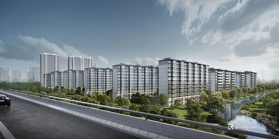Modern High Rise Residential Buildings Surrounded By Greenery And Road 3d model 