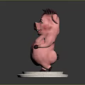 Cheerful Cartoon Pink Pig With Spiky Hair Holding Green Grass Standing On White Platform