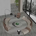 Modern Curved Sofa Coffee Table Set Beige Brown Upholstery Marble Top Snowy Window View