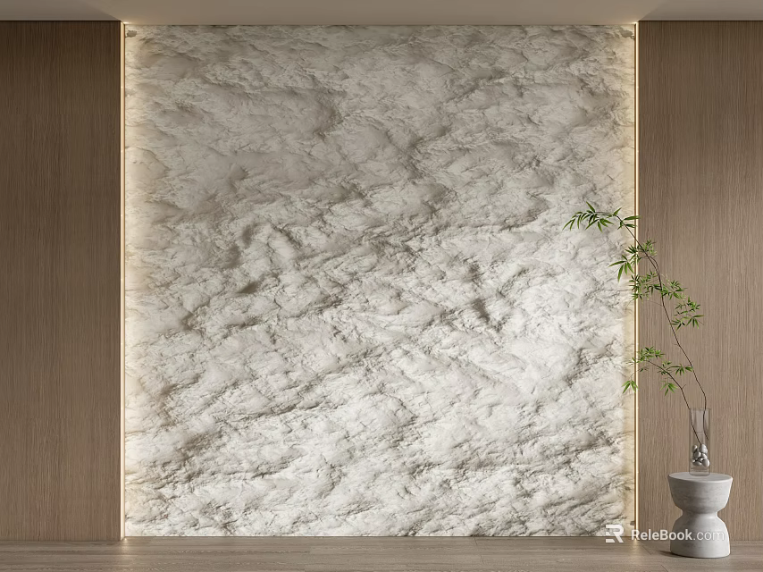 Light Textured Background Wall With Wooden Panels Flooring And White Vase Plant 3d model 