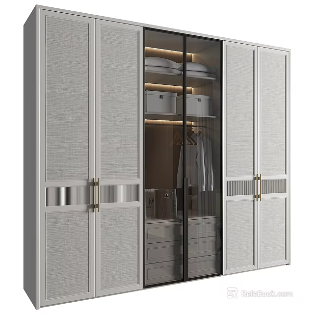 Modern Wardrobe Interior With Glass Doors Metal Handles Storage Shelves And Drawers 3d model 