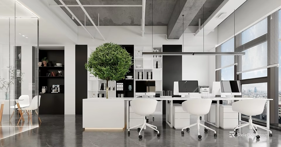 Modern Public Office Space With White Desks Office Chairs Green Plant And Open Layout 3d model 