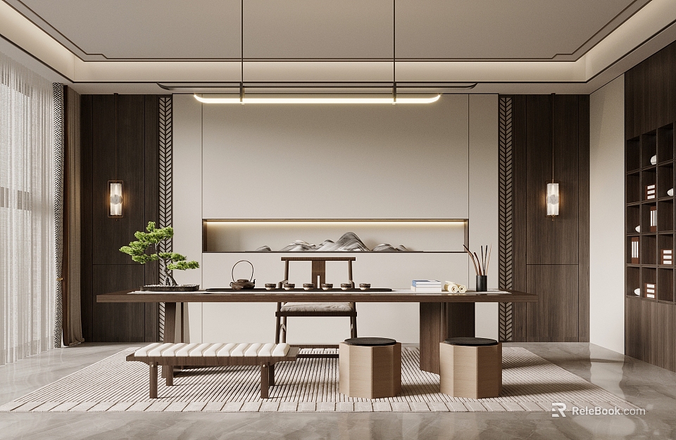 Minimalist Modern Tea Room Interior With Long Wooden Table Tea Sets And Green Potted Plant 3d model 