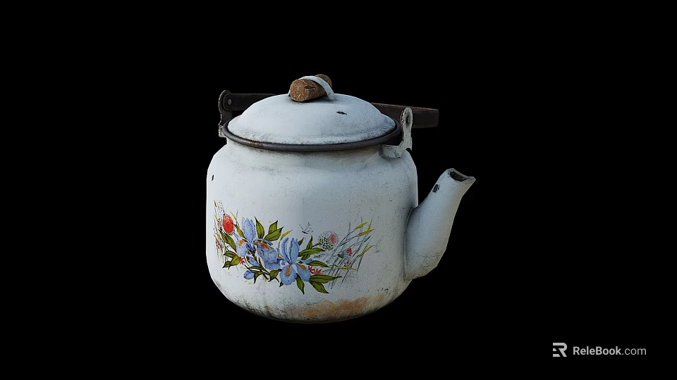 Vintage White Teapot with Colorful Floral Pattern and Wooden Handle Lid 3d model 