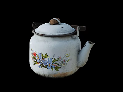 Vintage White Teapot with Colorful Floral Pattern and Wooden Handle Lid 3d model