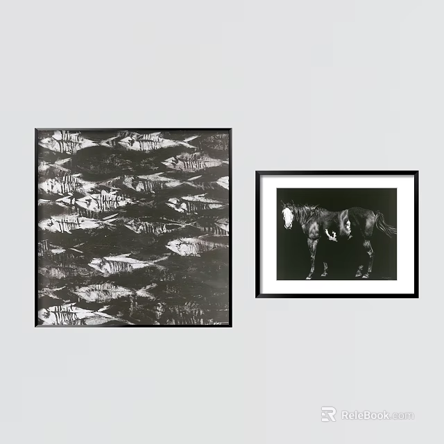 Abstract Paintings with Black and White Fish Pattern and Horse Artwork in Frames 3d model