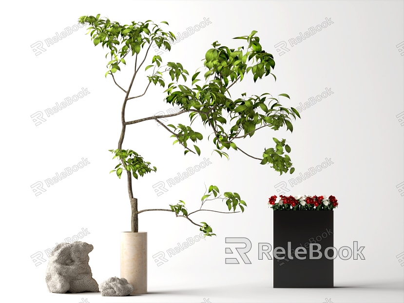 green plant potted flower stone model