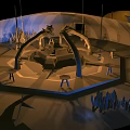 Cartoon Cave Scene With Yellow Light Crystal Rock Formations And Geometric Stone Blocks