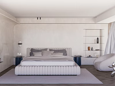 Minimalist Bedroom Interior Design With Upholstered Bed Nightstands Rug And Decorative Shelves 3d model