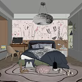Kids Room With Cartoon Animal Wall Art Cozy Bed Study Desk Chandelier And Play Rug