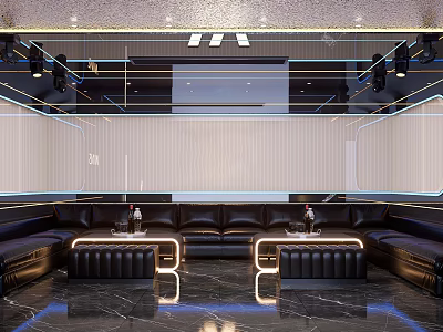 Modern KTV Room Interior With Black Leather Sofas Marble Floor And Decorative Lighting Backdrop Wall 3d model