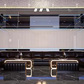 Modern KTV Room Interior With Black Leather Sofas Marble Floor And Decorative Lighting Backdrop Wall