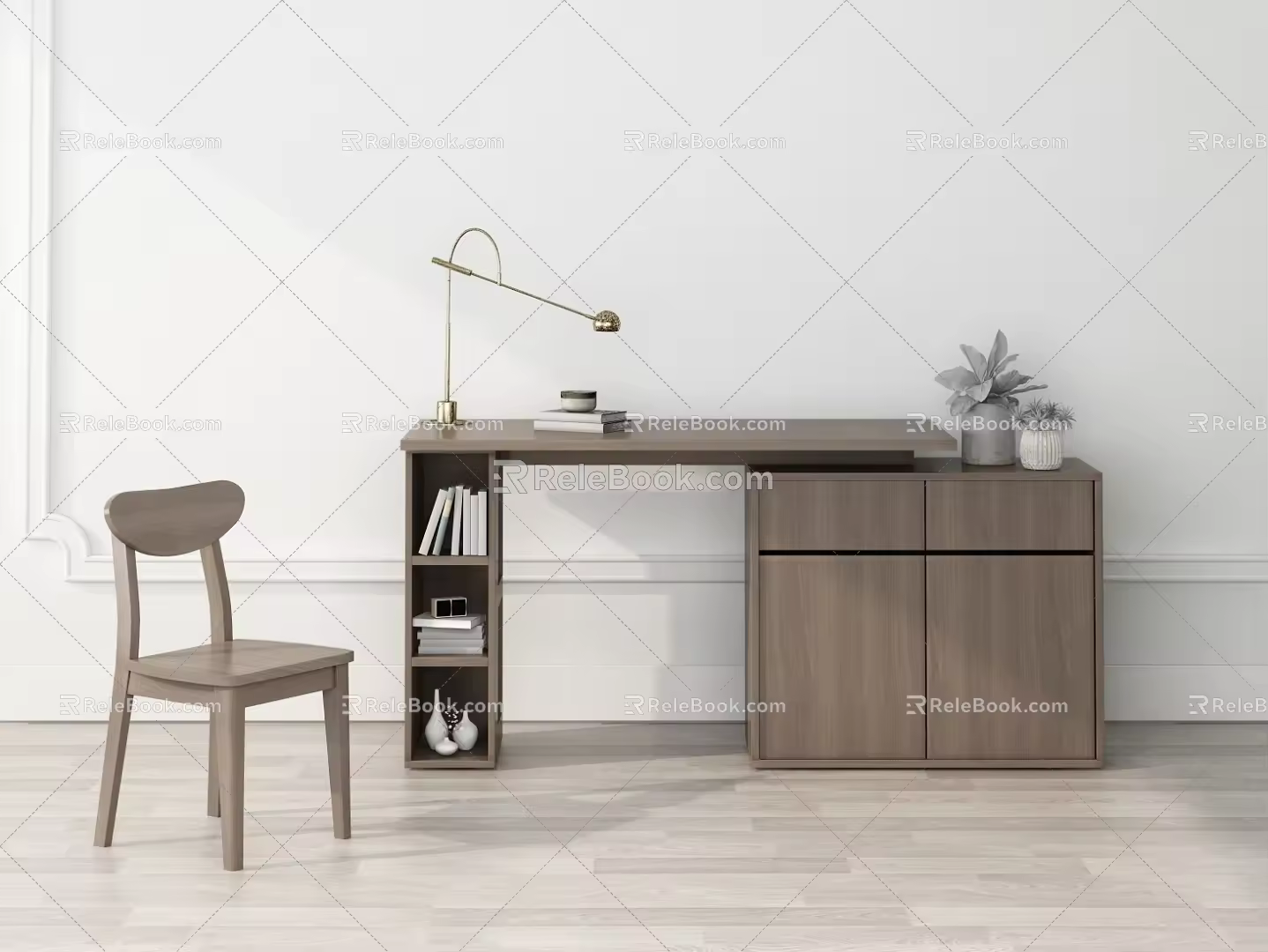 Modern Desk and Chair Simple Desk with Bookshelf Combination 3d model