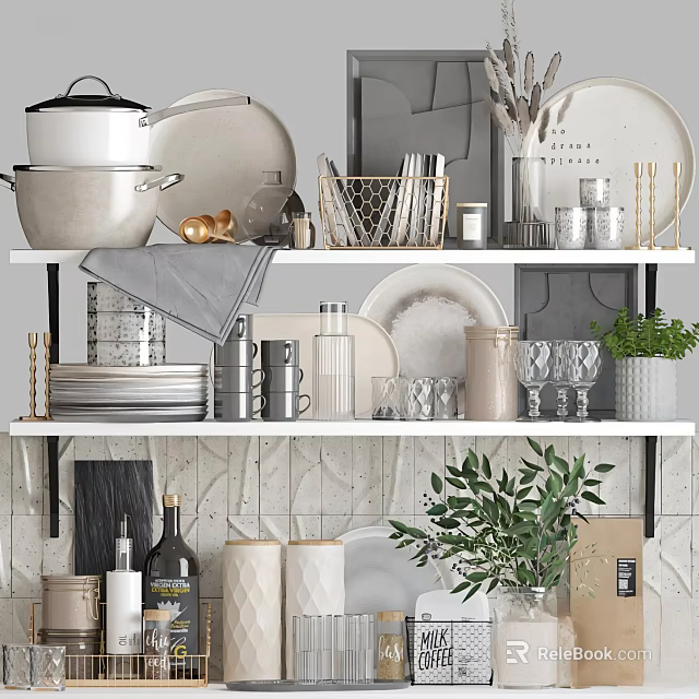 Modern Kitchen Shelves With Cookware Plates Glasses Jars And Fresh Green Plant 3d model 