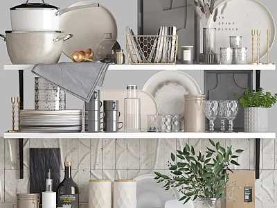 Modern Kitchen Shelves With Cookware Plates Glasses Jars And Fresh Green Plant 3d model