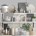 Modern Kitchen Shelves With Cookware Plates Glasses Jars And Fresh Green Plant