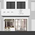 Modern Storefront Design with Glass Doors Awning Tables Chairs Green Plants and Large Windows