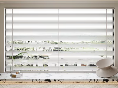 Modern White Window Blinds With Marble Windowsill Decorative Chair And Scenic View 3d model