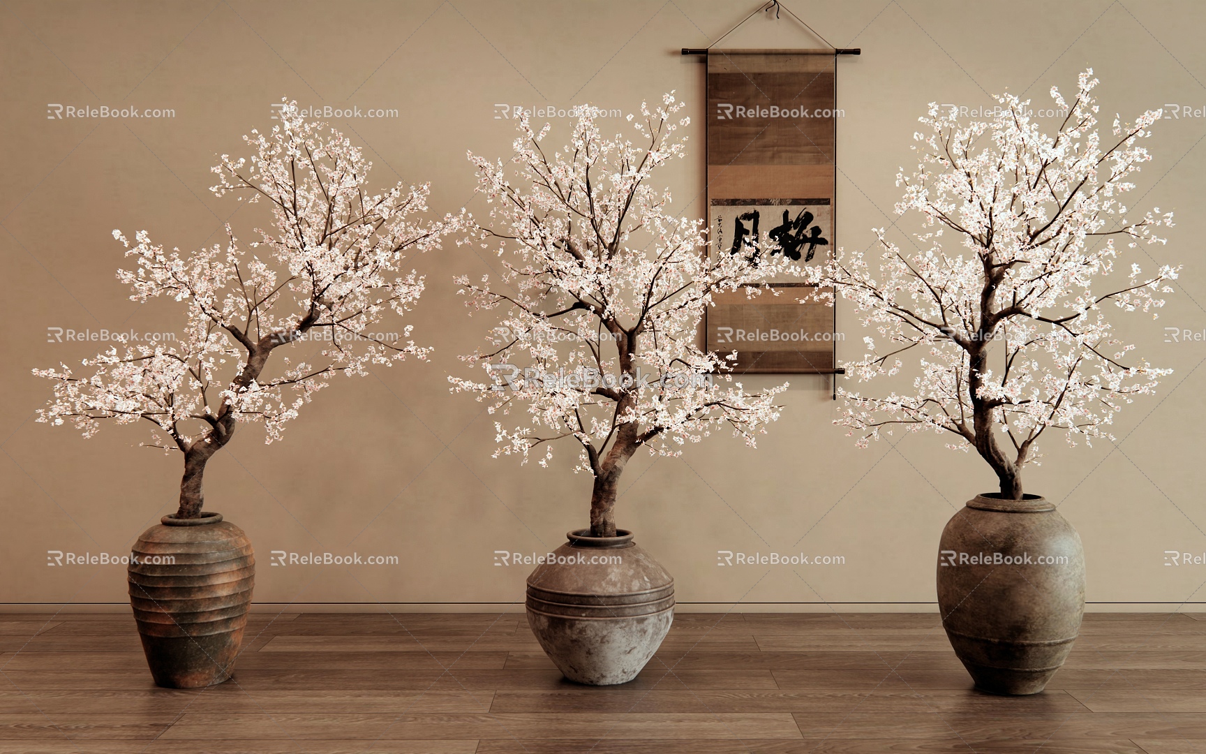 New Chinese Style Plum Blossom Bonsai Plum Blossom Potted Peach Blossom Tree Pottery Pot Vase Ornaments 3d model