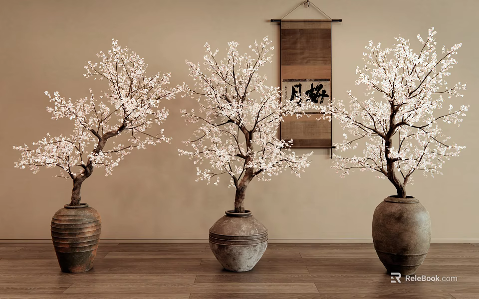 Indoor Bonsai Plum Blossom Trees in Clay Pots with Hanging Scroll and Beige Wall 3d model 