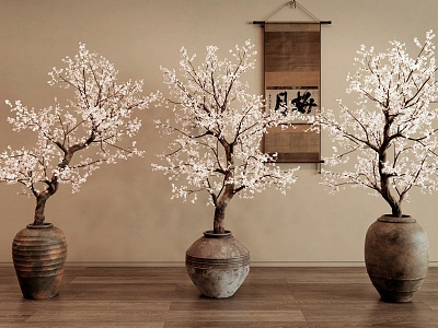 New Chinese Style Plum Blossom Bonsai Plum Blossom Potted Peach Blossom Tree Pottery Pot Vase Ornaments 3d model