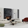 Modern Sofa and Coffee Table Set With White Sofa Red Chair Green Ottoman and Fireplace