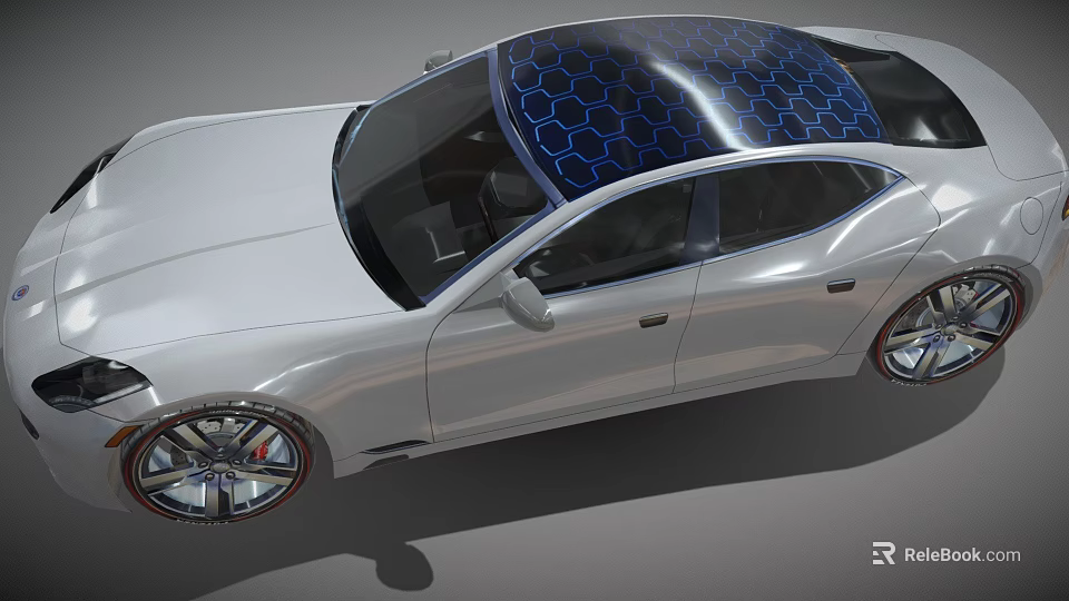 Sleek Silver Car With Blue Honeycomb Roof Design And Sporty Alloy Wheels 3d model 
