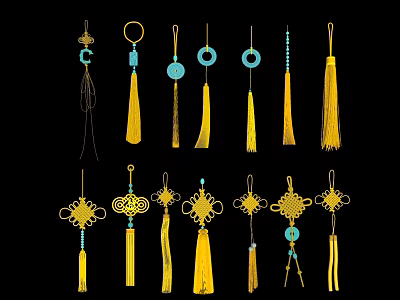 Traditional Decorative Pendants With Yellow Tassels Circular Ornaments Knotted Designs And Beaded Accents 3d model