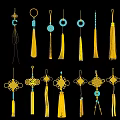 Traditional Decorative Pendants With Yellow Tassels Circular Ornaments Knotted Designs And Beaded Accents